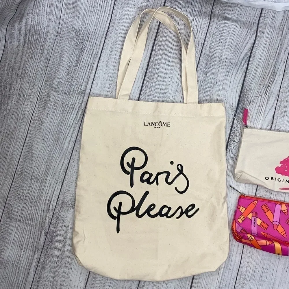 Lancôme Paris canvas tote, makeup bags, sleep mask